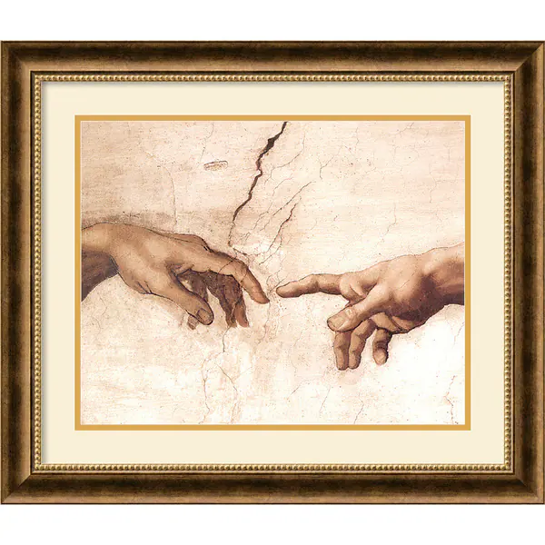 Michelangelo's The Creation of Adam, the detail of the two near-touching hands, in a gilt frame.