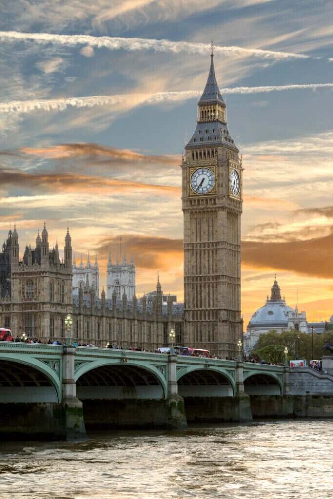 Elizabeth Tower and the Palace of Westminster above Westminster Bridge, photographed from across the Thames at sunset.
