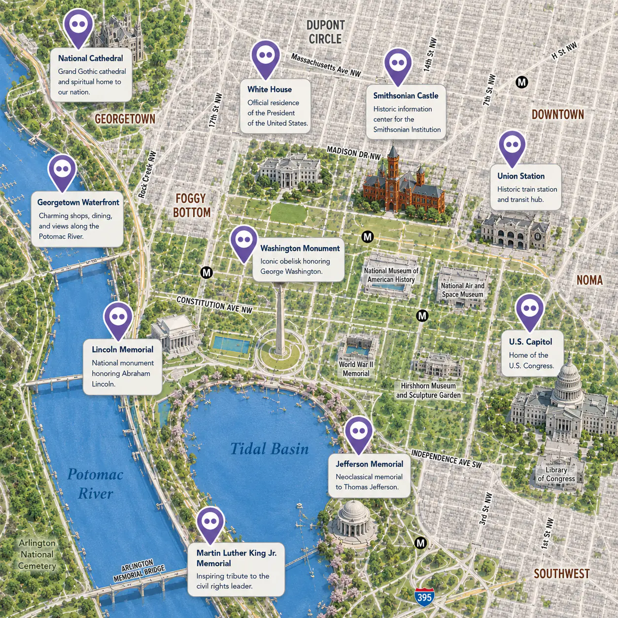 An illustrated map of central Washington, D.C. with ten landmarks marked on it, among them the White House, the Washington Monument, the Lincoln Memorial, the U.S. Capitol and Union Station.